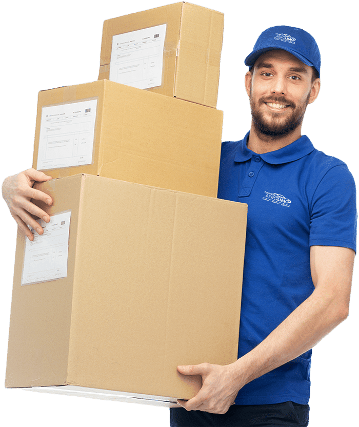 Happy delivery man with package boxes