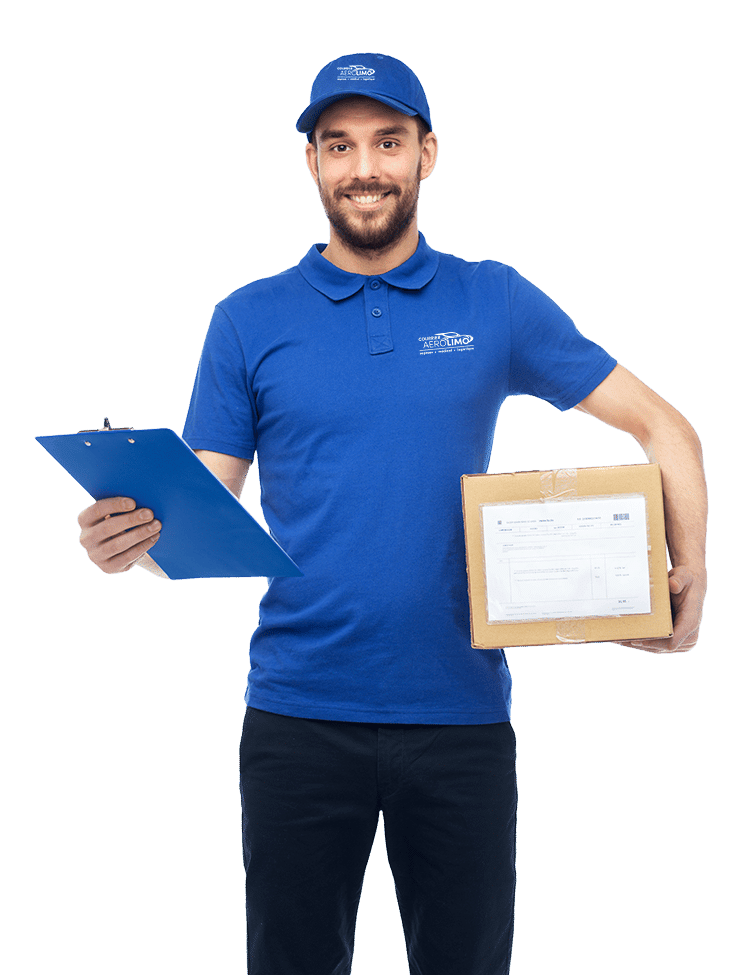 Happy delivery man with a parcel box and a paperweight