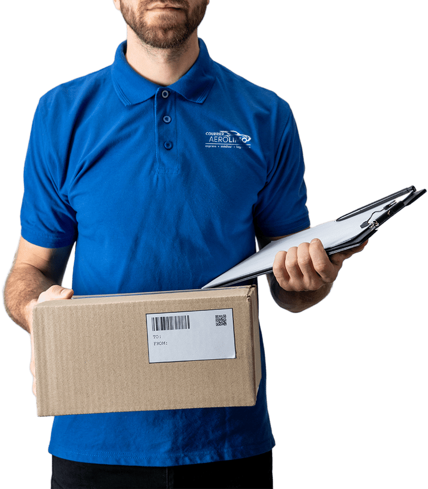 Delivery man holding a cardboard box and a paperweight